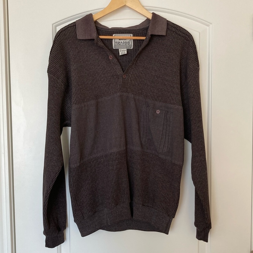 Vintage Huk A Poo Sweater Men's Brown Button Collar Pullover Casual Size Large